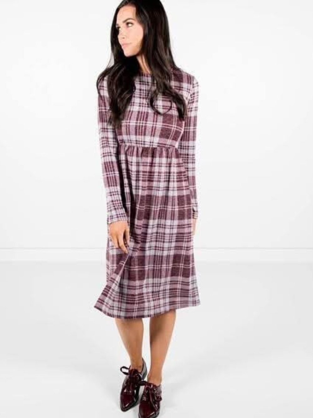 Stevie Hender Plaid Long-Sleeve Midi Dress in Mauve